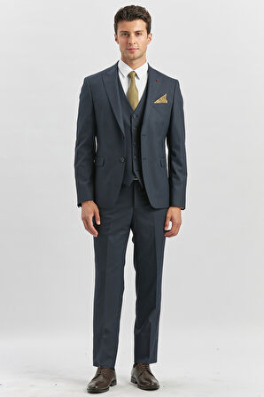 Koyu Lacivert Kırlangıç Yaka Astarlı Yelekli 6 Drop Slim Fit Dar Kesim Klasik Takım Elbise 1001240179