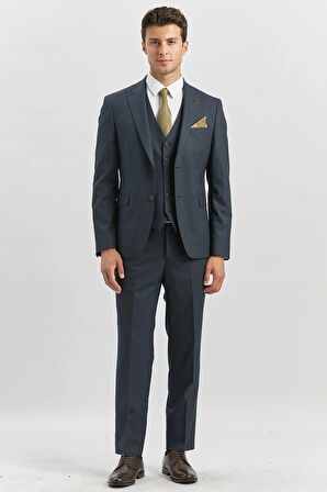 Koyu Lacivert Kırlangıç Yaka Astarlı Yelekli 6 Drop Slim Fit Dar Kesim Klasik Takım Elbise 1001240179
