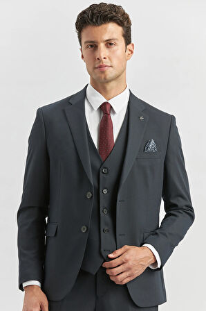 Koyu Lacivert Desenli Armürlü Mono Yaka Yelekli Likralı 6 Drop Slim Fit Takım Elbise 1001240180