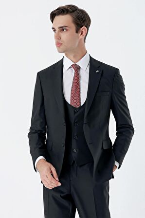 Siyah Mono Yaka Çift Yırtmaç Yelekli 6 Drop Slim Fit Dar Kesim Basic Takım Elbise 1001240186