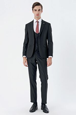 Siyah Mono Yaka Çift Yırtmaç Yelekli 6 Drop Slim Fit Dar Kesim Basic Takım Elbise 1001240186
