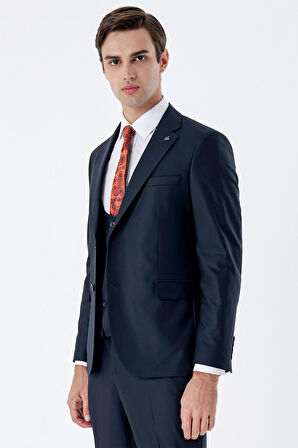 Lacivert Mono Yaka Çift Yırtmaç Yelekli 6 Drop Slim Fit Dar Kesim Basic Takım Elbise 1001240186