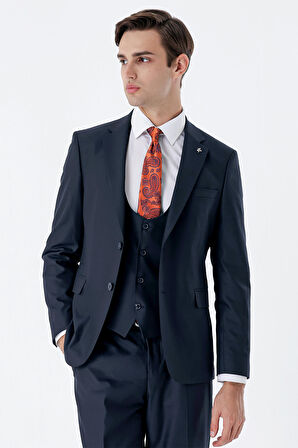 Lacivert Mono Yaka Çift Yırtmaç Yelekli 6 Drop Slim Fit Dar Kesim Basic Takım Elbise 1001240186