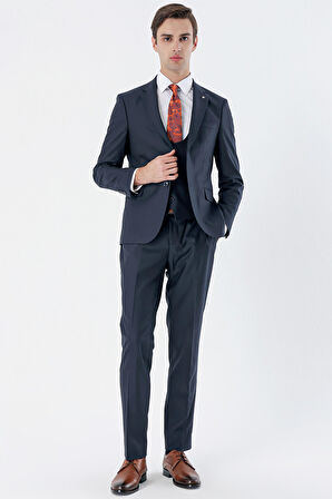 Lacivert Mono Yaka Çift Yırtmaç Yelekli 6 Drop Slim Fit Dar Kesim Basic Takım Elbise 1001240186