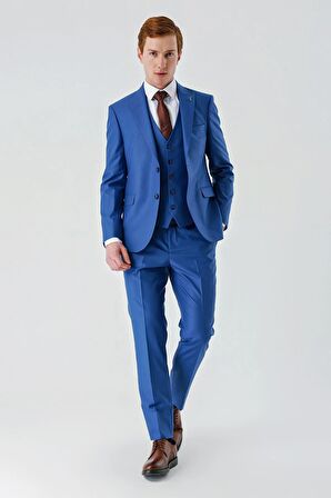 Saks Gabardin Kırlangıç Yaka Yelekli 6 Drop Slim Fit Klasik Takım Elbise 1001240187