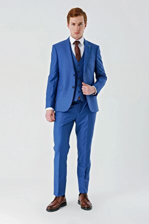 Saks Gabardin Kırlangıç Yaka Yelekli 6 Drop Slim Fit Klasik Takım Elbise 1001240187