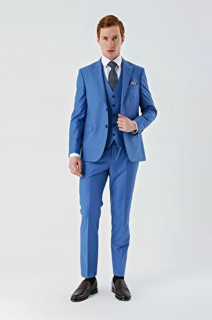 Mavi Gabardin Kırlangıç Yaka Yelekli 6 Drop Slim Fit Klasik Takım Elbise 1001240187