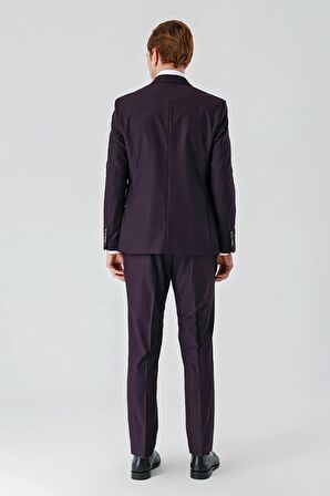 Mürdüm Gabardin Kırlangıç Yaka Yelekli 6 Drop Slim Fit Klasik Takım Elbise 1001240187
