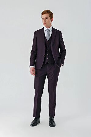 Mürdüm Gabardin Kırlangıç Yaka Yelekli 6 Drop Slim Fit Klasik Takım Elbise 1001240187