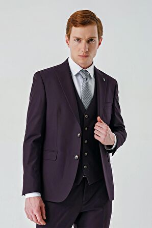 Mürdüm Gabardin Kırlangıç Yaka Yelekli 6 Drop Slim Fit Klasik Takım Elbise 1001240187