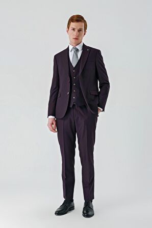 Mürdüm Gabardin Kırlangıç Yaka Yelekli 6 Drop Slim Fit Klasik Takım Elbise 1001240187