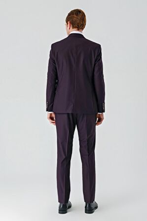 Mürdüm Gabardin Kırlangıç Yaka Yelekli 6 Drop Slim Fit Klasik Takım Elbise 1001240187