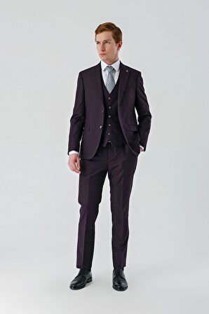 Mürdüm Gabardin Kırlangıç Yaka Yelekli 6 Drop Slim Fit Klasik Takım Elbise 1001240187