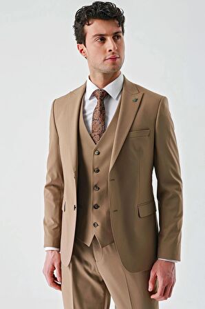 Tütün Gabardin Kırlangıç Yaka Yelekli Likralı 6 Drop Slim Fit Klasik Takım Elbise 1001240188