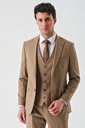 Tütün Gabardin Kırlangıç Yaka Yelekli Likralı 6 Drop Slim Fit Klasik Takım Elbise 1001240188