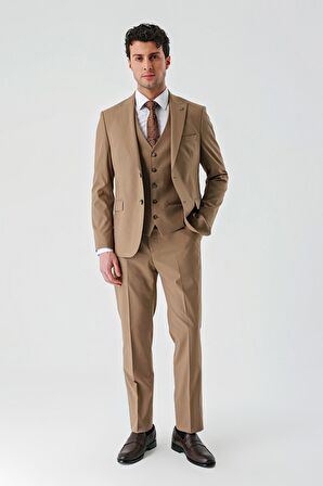 Tütün Gabardin Kırlangıç Yaka Yelekli Likralı 6 Drop Slim Fit Klasik Takım Elbise 1001240188