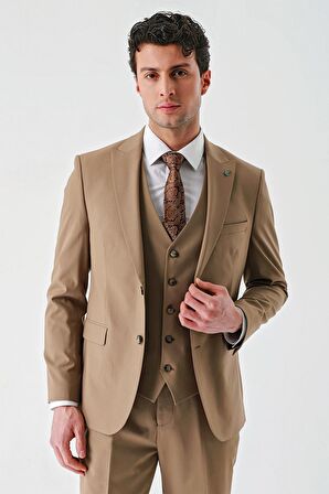 Tütün Gabardin Kırlangıç Yaka Yelekli Likralı 6 Drop Slim Fit Klasik Takım Elbise 1001240188