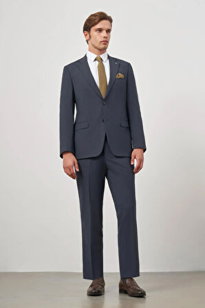 Koyu Lacivert Kendinden Desenli Bez Ayağı Mono Yaka Tam Astar Tek Yırtmaç 2 Düğme 6 Drop Comfort Fit Classic Takım Elbise 1001240189