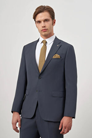 Koyu Lacivert Kendinden Desenli Bez Ayağı Mono Yaka Tam Astar Tek Yırtmaç 2 Düğme 6 Drop Comfort Fit Classic Takım Elbise 1001240189