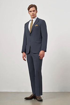 Koyu Lacivert Kendinden Desenli Bez Ayağı Mono Yaka Tam Astar Tek Yırtmaç 2 Düğme 6 Drop Comfort Fit Classic Takım Elbise 1001240189