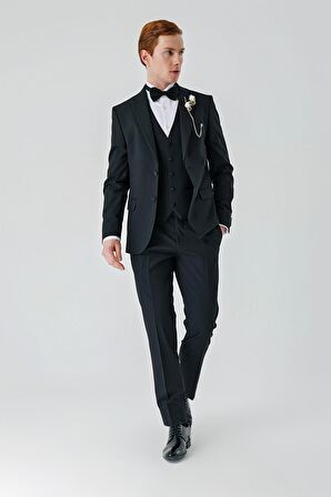 Siyah Çıkarılabilir Mono Yaka Yelekli Likralı 6 Drop Slim Fit Smokin Damatlık 1001240201