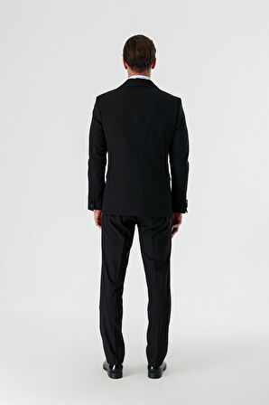 Siyah Çıkarılabilir Şal Yaka Yelekli Likralı 6 Drop Slim Fit Smokin Damatlık 1001240202