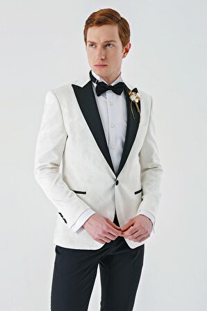 Açık Krem Çıkarılabilir Kırlangıç Yaka Likralı 6 Drop Slim Fit Smokin Damatlık 1001240204