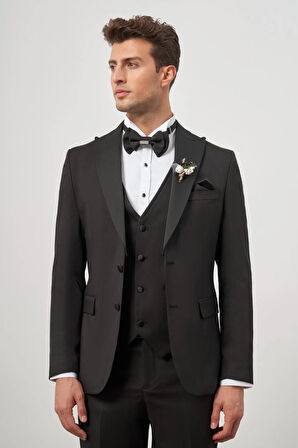 Siyah Kendinden Desenli Armürlü Kılıç Yaka - Çıkma Kılıç Yaka Tam Astar Çift Yırtmaç 2 Düğme Yelekli 6 Drop Slim Fit Ceremony Takım Elbise 1001240205