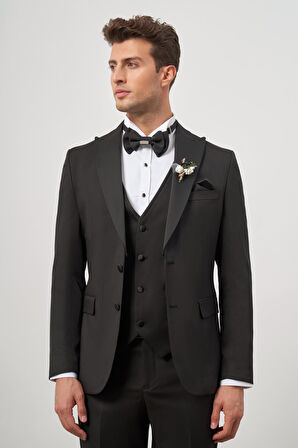Siyah Kendinden Desenli Armürlü Kılıç Yaka - Çıkma Kılıç Yaka Tam Astar Çift Yırtmaç 2 Düğme Yelekli 6 Drop Slim Fit Ceremony Takım Elbise 1001240205