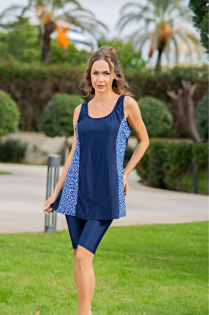 RUKOMAYO LACİVERT LEOPAR DESENLİ BÜYÜK BEDEN OMUZDAN ASKILI LYCRA KUMAŞ TAYTLI TANKİNİ