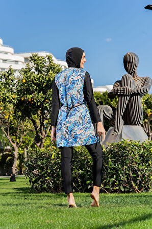 MİRATES SİYAH DESENLİ PARAŞÜT KUMAŞ TESETTÜR MAYO