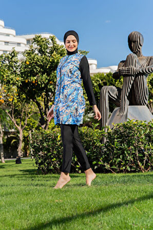 MİRATES SİYAH DESENLİ PARAŞÜT KUMAŞ TESETTÜR MAYO