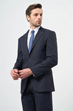 Lacivert Çizgili Mono Yaka Astarlı 6 Drop Slim Fit Dar Kesim Takım Elbise 1001245102