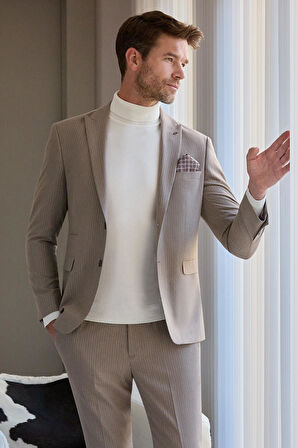 Koyu Vizon Çizgili Mono Yaka Astarlı 6 Drop Slim Fit Dar Kesim Takım Elbise 1001245106