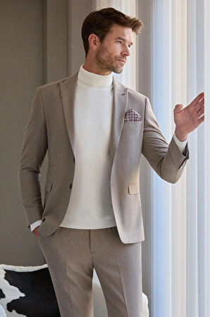 Koyu Vizon Çizgili Mono Yaka Astarlı 6 Drop Slim Fit Dar Kesim Takım Elbise 1001245106