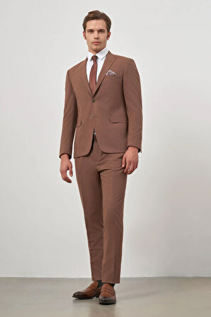 Taba Çizgili Mono Yaka Astarlı 6 Drop Slim Fit Dar Kesim Takım Elbise 1001245106