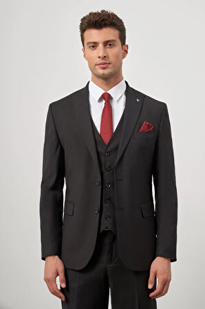 Siyah Düz Bez Ayağı Kılıç Yaka Tam Astar Çift Yırtmaç 2 Düğme Yelekli 6 Drop Slim Fit Classic Takım Elbise 1001245151