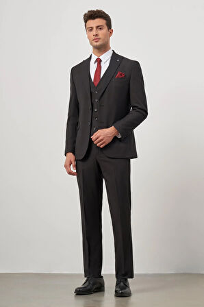 Siyah Düz Bez Ayağı Kılıç Yaka Tam Astar Çift Yırtmaç 2 Düğme Yelekli 6 Drop Slim Fit Classic Takım Elbise 1001245151