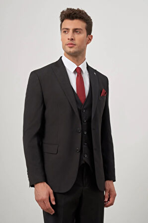 Siyah Düz Bez Ayağı Kılıç Yaka Tam Astar Çift Yırtmaç 2 Düğme Yelekli 6 Drop Slim Fit Classic Takım Elbise 1001245151