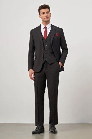Siyah Düz Bez Ayağı Kılıç Yaka Tam Astar Çift Yırtmaç 2 Düğme Yelekli 6 Drop Slim Fit Classic Takım Elbise 1001245151