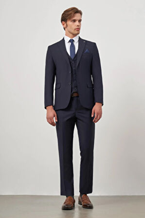Koyu Lacivert Düz Bez Ayağı Kılıç Yaka Tam Astar Çift Yırtmaç 2 Düğme Yelekli 6 Drop Slim Fit Classic Takım Elbise 1001245151