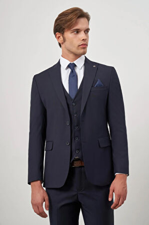 Koyu Lacivert Düz Bez Ayağı Kılıç Yaka Tam Astar Çift Yırtmaç 2 Düğme Yelekli 6 Drop Slim Fit Classic Takım Elbise 1001245151