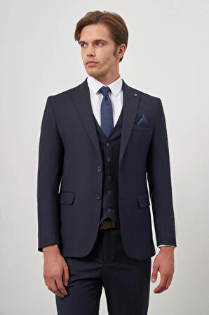 Koyu Lacivert Düz Bez Ayağı Kılıç Yaka Tam Astar Çift Yırtmaç 2 Düğme Yelekli 6 Drop Slim Fit Classic Takım Elbise 1001245151
