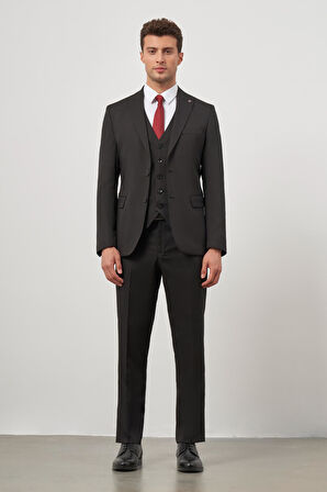 Siyah Kendinden Desenli Armürlü Kılıç Yaka Tam Astar Çift Yırtmaç 2 Düğme Yelekli 6 Drop Slim Fit Classic Takım Elbise 1001245152