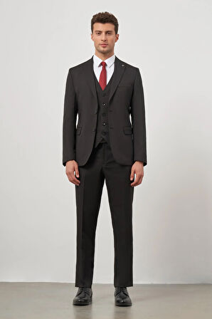Siyah Kendinden Desenli Armürlü Kılıç Yaka Tam Astar Çift Yırtmaç 2 Düğme Yelekli 6 Drop Slim Fit Classic Takım Elbise 1001245152