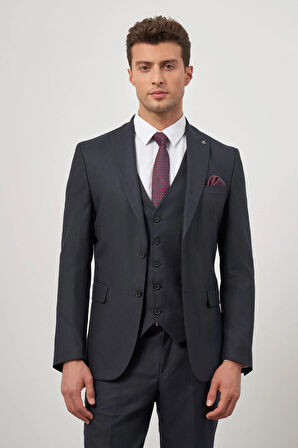 Koyu Lacivert Kendinden Çizgili Desen Bez Ayağı Kılıç Yaka Tam Astar Çift Yırtmaç 2 Düğme Yelekli 6 Drop Slim Fit Classic Takım Elbise 1001245153