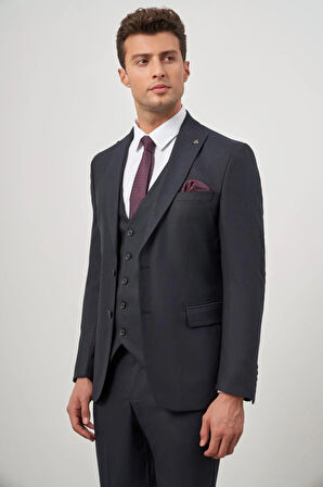 Koyu Lacivert Kendinden Çizgili Desen Bez Ayağı Kılıç Yaka Tam Astar Çift Yırtmaç 2 Düğme Yelekli 6 Drop Slim Fit Classic Takım Elbise 1001245153