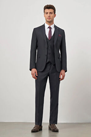 Koyu Lacivert Kendinden Çizgili Desen Bez Ayağı Kılıç Yaka Tam Astar Çift Yırtmaç 2 Düğme Yelekli 6 Drop Slim Fit Classic Takım Elbise 1001245153