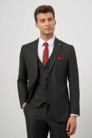 Siyah Kendinden Çizgili Desen Bez Ayağı Kılıç Yaka Tam Astar Çift Yırtmaç 2 Düğme Yelekli 6 Drop Slim Fit Classic Takım Elbise 1001245154