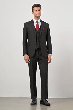 Siyah Kendinden Çizgili Desen Bez Ayağı Kılıç Yaka Tam Astar Çift Yırtmaç 2 Düğme Yelekli 6 Drop Slim Fit Classic Takım Elbise 1001245154